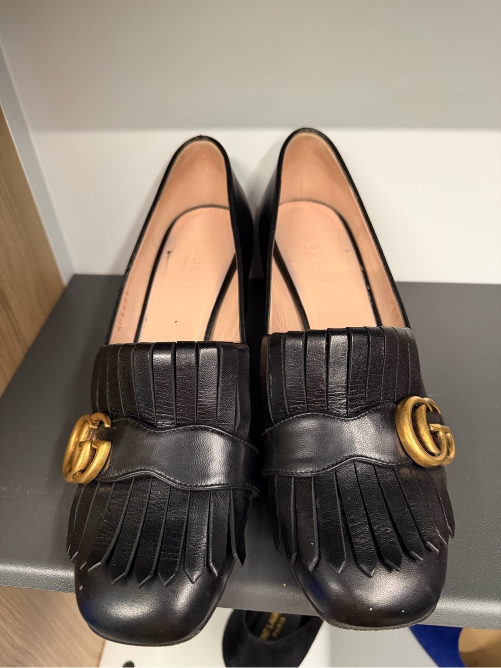 Gucci Marmont Black Leather Fringe Loafers with Gold GG Hardware